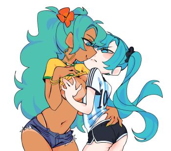 2girls \||/ aqua_hair argentina argentinian_flag argentinian_flag_print argentinian_miku blush brazil brazilian_flag brazilian_miku breasts couple dark-skinned_female dark_skin earrings flag_print grabbing_another's_ass grabbing_another's_breast groping hair_ornament hatsune_miku holding_another's_waist jewelry large_breasts long_hair multiple_girls pinkhiwi shirt short_sleeves smile striped_clothes tan twintails very_long_hair vocaloid worldwide_miku yellow_shirt yuri