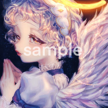 1girl angel angel_wings black_background brown_eyes commentary_request commission dress feathered_wings from_side grey_dress halo highres lips lipstick looking_at_viewer makeup okubatomaeba original own_hands_together parted_lips puffy_short_sleeves puffy_sleeves red_lips sample_watermark short_hair short_sleeves simple_background solo steepled_fingers upper_body watermark wings yellow_halo