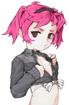 1girl absurdres black_hairband buttons closed_mouth commentary crop_top cross cross_pasties english_commentary flat_chest hairband highres loli long_sleeves mole mole_under_eye navel original pasties pink_hair poruboto pulling_own_clothes simple_background smile solo stomach twintails white_background