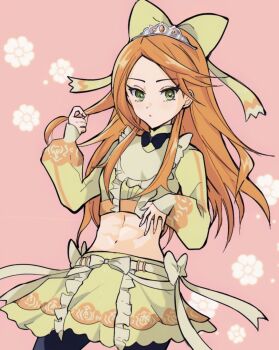 Rule 34 | 1girl, abs, black bow, black bowtie, bow, bowtie, crop top, etie (fire emblem), fire emblem, fire emblem engage, gem, green bow, green eyes, green shirt, green skirt, highres, hooded top, long hair, looking at viewer, midriff, nintendo, oda32t, orange gemstone, orange hair, pantyhose, shirt, skirt, solo, swept bangs, tiara