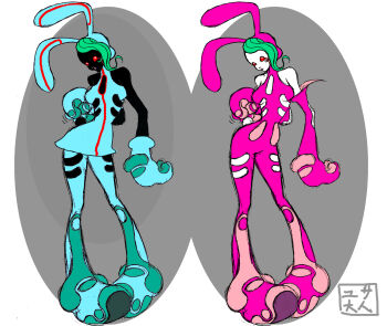 2000s_(style) 2girls alternate_body_size alternate_costume alternate_design animal_ears aqua_dress aqua_gloves aqua_hood aqua_pants arm_at_side arm_behind_back bare_arms bare_shoulders black_fur black_rabbit_(animal) black_tail bodysuit breasts reference_sheet clothes_variants clothing_cutout concept_art contrapposto cool_cool_toon dress dual_persona elbow_cutout elbow_gloves facial_mark full_body gloves green_hair gyoubu_ippei hand_on_own_hip head_tilt highres hood hood_up hooded_bodysuit hooded_dress knees_apart_feet_together large_breasts large_feet large_hands looking_at_viewer multiple_girls narrow_waist official_alternate_body_size official_alternate_color official_alternate_costume official_alternate_design official_art pants pink_bodysuit pink_gloves pink_hood rabbit_ears rabbit_girl rabbit_tail red_eyes short_dress side-by-side simple_background skinny sleeveless sleeveless_dress small_tail snk standing tail thigh_cutout third-party_source toon_(style) translation_request underboob_cutout wavy_hair white_background white_fur white_rabbit_(animal) white_tail yusa_(cool_cool_toon)