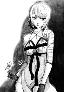 1girl absurdres bandaged_arm bandaged_neck bandages braid braided_hair_rings breasts closed_mouth commentary eightyfourart english_commentary eyelashes flower greyscale hair_rings highres holding holding_flower kaine_(nier) large_breasts lingerie long_hair loose_hair_strand monochrome negligee nier nier_(series) smile solo standing underwear