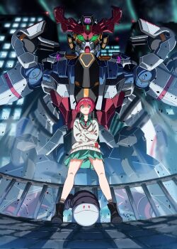 Rule 34 | 1girl, 85neko, amate yuzuriha, building, cowboy shot, crossed arms, full body, gquuuuuux, green eyes, green shirt, green skirt, grey sweater, gunbuster pose, gundam, gundam gquuuuuux, highres, mecha, miniskirt, night, outdoors, pleated skirt, red hair, robot, shirt, skirt, skyscraper, standing, sweater