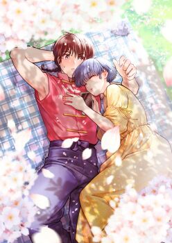 Rule 34 | 1boy, 1girl, arm behind head, armpit peek, blue hair, blue pants, braid, brown hair, cherry blossoms, chinese clothes, closed eyes, closed mouth, coa (momo), commentary request, dress, falling petals, flower, frown, grass, hetero, highres, holding, holding phone, lying, on back, outdoors, pants, parted lips, petals, phone, pink flower, pink petals, ranma 1/2, rock, saotome ranma, single braid, sleeping, tendou akane, twitter username, watermark, white eyes, yellow dress