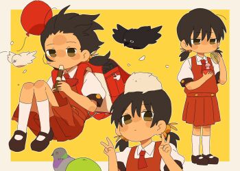 1girl :&lt; animal animal_on_head axolotl backpack bag bird blush_stickers border brown_eyes collared_shirt crow double_v dove dress floating_hair flute forehead gashapon hair_bobbles hair_ornament hair_strand highres holding holding_flute holding_instrument instrument kaai_yuki kneehighs knees_up kyoufuu_all_back_(vocaloid) looking_at_viewer low_twintails mary_janes multiple_views music on_head outside_border pigeon pinafore_dress playing_instrument poro_(pororo_011_9) puffy_short_sleeves puffy_sleeves randoseru recorder red_bag red_dress shirt shoes short_hair short_sleeves sleeveless sleeveless_dress socks twintails v vocaloid white_border white_shirt white_socks yellow_background