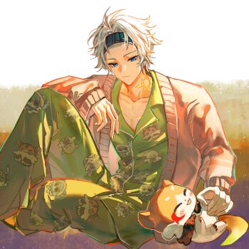 1boy antenna_hair black_headband blue_eyes cardigan chimera_(honkai:_star_rail) chinese_commentary commentary_request green_pajamas headband highres honkai:_star_rail honkai_(series) male_focus mydei_(fig_stew)_(honkai:_star_rail) mydei_(honkai:_star_rail) neck_tattoo official_alternate_costume open_cardigan open_clothes pajamas parted_bangs phainon_(honkai:_star_rail) pink_cardigan qiaose33912 short_hair solo sun_symbol sun_tattoo tan tattoo white_hair