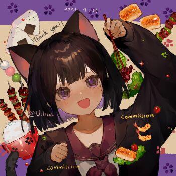 1girl :d animal_ears arm_up black_hair black_jacket bowl cat_ears cat_girl cat_tail chinese_commentary chopsticks colored_inner_hair commentary_request commission dango dated english_text food grey_shirt highres holding holding_chopsticks jacket lettuce long_sleeves multicolored_hair neckerchief onigiri open_clothes open_jacket open_mouth original purple_eyes purple_hair red_neckerchief red_sailor_collar rice rice_bowl sailor_collar sailor_shirt sanshoku_dango shirt shish_kebab short_hair shrimp shrimp_tempura smile solo tail tempura thank_you vihua6 wagashi watermark