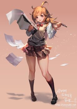 1girl blonde_hair caesty female_focus full_body legs lips long_hair notepad original pen pigeon-toed pleated_skirt purple_eyes school_uniform skirt socks solo sweater_vest thigh_gap thighs watermark web_address wide_hips