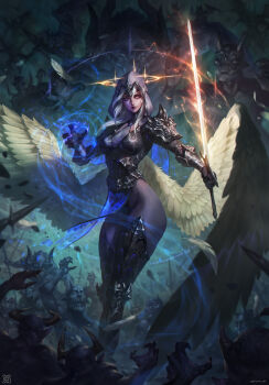 1girl 6+boys absurdres angel armor artist_request aura breasts claws debris demon energy fangs feathered_wings feathers groping_motion halo highres holding holding_weapon horns large_breasts lips magic multiple_boys muscular muscular_male official_art promotional_art rock scenery sword thighhighs veil weapon white_hair wingfox wings
