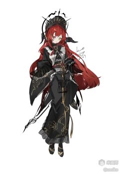 Rule 34 | 1girl, black bow, black bowtie, black hat, black kimono, black shoes, bow, bowtie, brown eyes, closed mouth, dated, double-parted bangs, frilled sleeves, frills, full body, hair between eyes, hat, heterochromia, japanese clothes, kimono, long hair, long sleeves, looking at viewer, mihuashi username, original, red eyes, red hair, shoes, signature, simple background, sleeves past fingers, sleeves past wrists, solo, standing, white background, wide sleeves, zeriko