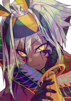 1girl ancient_egyptian_clothes bandaged_hand bandages black_bandages black_hair closed_mouth commentary_request dark-skinned_female dark_skin emoillu fate/grand_order fate_(series) hand_on_own_face head_rest looking_at_viewer makeup multicolored_hair nitocris_(fate) nitocris_alter_(fate) nitocris_alter_(second_ascension)_(fate) simple_background smile solo two-tone_hair unfinished white_background white_hair yellow_eyes