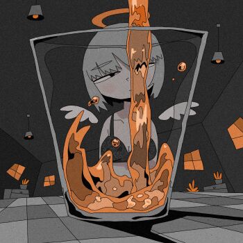 1girl absurdres alcohol angel_wings black_bra bob_cut bra breasts ceiling cleavage cup detached_wings drinking_glass grey_hair greyscale halo highres indoors medium_breasts monochrome nyr50ml orange_halo original pouring shadow solo spot_color table underwear whiskey window wings