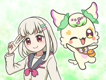 Rule 34 | 1girl, blonde hair, creature, creature and personification, cure zukyuun, dual persona, fairy, hair ornament, hairclip, hanamichi middle school uniform, karon-t, kimi to idol precure, personification, pink eyes, precure, purirun (fairy) (precure), purirun (precure), school uniform, short hair, smile, solo, tanaka purin, v