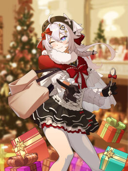 Rule 34 | 1girl, ;), absurdres, ahoge, bag, beret, black gloves, black skirt, blue eyes, box, breasts, capelet, chinese commentary, christmas present, christmas tree, commentary request, estpoetry, fur-trimmed capelet, fur trim, gift, gift box, gloves, hat, highres, honkai (series), honkai impact 3rd, kiana kaslana, kiana kaslana (don quijote), long hair, official alternate costume, one eye closed, pantyhose, red capelet, skirt, small breasts, smile, solo, sweater, white pantyhose, white sweater