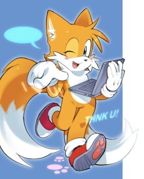 1boy ;d animal_ears animal_nose blue_eyes blush_stickers child commentary computer english_commentary english_text fox_boy fox_ears fox_tail furry furry_male gloves holding holding_laptop laptop looking_at_viewer male_focus multiple_tails one_eye_closed open_mouth paw_shoes pawpads pointing pointing_at_viewer red_shoes shoes smile solo sonic_(series) stiffcorpse tail tails_(sonic) thank_you two_tails walking white_gloves yellow_fur