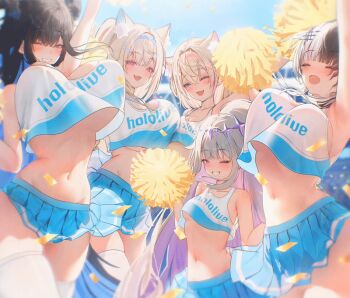 5girls alternate_costume animal_ear_fluff animal_ears animated animated_gif arm_up armpits asymmetrical_docking asymmetrical_horns bandaid bandaid_hair_ornament bare_shoulders black_hair blonde_hair blue_eyes blue_hair blue_hairband blue_skirt blue_sky blush bouncing_breasts breast_press breasts cheerleader circlet cleavage closed_eyes colored_inner_hair commentary confetti convenient_censoring crop_top crossed_bangs demon_horns dog_ears dog_girl dog_tail double-parted_bangs dress english_commentary fake_horns fuwawa_abyssgard gradient_hair grey_hair hair_between_eyes hair_flaps hair_intakes hair_ornament hairband hairclip headpiece holding holding_pom_poms holoadvent hololive hololive_english horns huge_breasts jewel_under_eye jumping koseki_bijou large_breasts long_hair looking_at_viewer microskirt mococo_abyssgard mole mole_on_breast mole_under_eye multicolored_hair multiple_girls navel nerissa_ravencroft no_bra no_panties one_eye_closed open_mouth pink_eyes pink_hair pink_hairband pleated_skirt pom_pom_(cheerleading) pom_poms ponytail prab purple_eyes purple_hair red_eyes shiori_novella short_hair siblings sisters skindentation skirt sky small_breasts smile split-color_hair stomach streaked_hair symmetrical_docking tail teeth thighhighs thighs twins two-tone_hair two_side_up underboob very_long_hair virtual_youtuber white_background white_thighhighs wide_ponytail x_hair_ornament