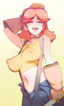 1girl arm_up blouse breasts closed_eyes commentary covered_erect_nipples doxy earrings female_focus gloves gradient_background jewelry large_breasts long_hair mario_(series) midriff navel nintendo perky_breasts princess_daisy puffy_nipples raised_eyebrows red_hair shirt smile solo strap super_mario_land suspenders sweat tomboy white_background yellow_background yellow_shirt
