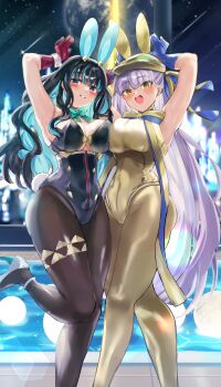 2girls absurdres animal_ears animal_hat armpits arms_up bare_shoulders bb_(fate) black_gloves black_hair black_leotard blue_gloves blue_hair blush bodysuit bow bowtie breasts brown_pantyhose cleavage colored_inner_hair commentary_request detached_collar elbow_gloves eyeliner fake_animal_ears fate/grand_order fate_(series) gloves gold_leotard gold_ribbon golden_bb_(fate) grey_eyes grin hair_ribbon halterneck hat highleg highleg_leotard highres klash large_breasts leotard long_hair looking_at_viewer makeup multicolored_hair multiple_girls neck_ribbon night open_mouth pantyhose playboy_bunny pool poolside purple_hair rabbit_ears rabbit_hat rabbit_tail red_gloves revision ribbon sidelocks sky smile tail tenochtitlan_(fate) tenochtitlan_(swimsuit_mooncancer)_(fate) tenochtitlan_(swimsuit_mooncancer)_(third_ascension)_(fate) very_long_hair wrist_cuffs yellow_eyes yellow_pantyhose