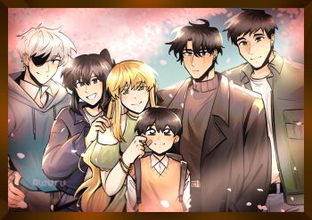 2girls 4boys absurdres areuwuu backpack bag bandage_on_face bandaged_arm bandages bangle black_coat black_eyes black_jacket black_shirt blue_hoodie border bracelet brown_border cheek_pinching cherry_blossoms cherry_tree clothing_cutout coat collared_shirt cowboy_shot dress eyepatch falling_petals green_dress green_eyes green_jacket grin group_picture hair_between_eyes hand_on_another&#039;s_shoulder hands_on_own_hips height_difference high_collar high_ponytail highres hood hoodie jacket jewelry kim_dokja kim_namwoon lee_hyunsung lee_jihye looking_at_viewer multiple_boys multiple_girls oldest_dream omniscient_reader&#039;s_viewpoint petals photo_(object) pinching ponytail scar scar_across_eye scar_on_face shirt short_hair shoulder_cutout sidelocks smile turtleneck uriel_(omniscient_reader&#039;s_viewpoint) vest white_hair white_shirt yellow_vest yoo_joonghyuk yoo_joonghyuk_(999th_turn)