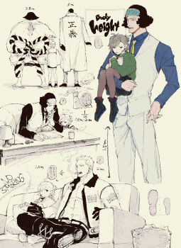 ... 1girl 4boys ? abs absurdres aokiji_(one_piece) back_bow belt black_boots black_eyes black_hair blue_shirt boots bottle bow carrying carrying_person carrying_under_arm chair character_request clipboard coat coat_on_shoulders commentary_request couch cushion den_den_mushi desk desk_lamp epaulettes eye_mask facial_hair figure_four_sitting gloves goatee_stubble green_sweater grey_hair grey_pantyhose height height_difference highres holding holding_clipboard holding_quill inkwell kabane_(rjev8385) lace-up_boots lamp long_sleeves looking_at_another mask mask_on_head multiple_boys muscular muscular_male mustache no_shirt oc_x_canon on_chair on_couch one_piece open_mouth original pants pantyhose partially_colored pectorals ponytail quill red_socks shirt shoes short_hair short_ponytail sitting sleeves_past_wrists small_sweatdrop smoker_(one_piece) smoking snail socks speech_bubble spoken_ellipsis spoken_question_mark standing steaming_cup stubble sweater tall_male thought_bubble translation_request trash_can vest waistcoat white_vest