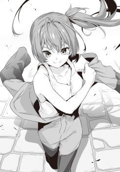 1girl bare_arms bare_shoulders breasts cecil_blackliza closed_mouth dressing dungeon_ni_deai_wo_motomeru_no_wa_machigatteiru_darou_ka greyscale highres long_hair medium_breasts monochrome nilitsu novel_illustration official_art open_jumpsuit side_ponytail smile solo tank_top third-party_source walking