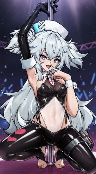 1girl :d alternate_costume arm_behind_back bare_shoulders black_gloves black_pants blue_eyes blush breasts covered_navel crop_top elbow_gloves fang finger_to_mouth fishnets florence_(girls&#039;_frontline_2) full_body girls&#039;_frontline girls&#039;_frontline_2:_exilium gloves hair_between_eyes hand_up hat heart heart-shaped_pupils highleg highleg_leotard highres knees_apart_feet_together leather leather_gloves legs leotard leotard_under_clothes long_hair lyi necktie nurse_cap open_mouth pa-15_(girls&#039;_frontline) pants pole pole_dancing short_necktie single_glove skin_tight sleeveless small_breasts smile solo squatting stripper_pole symbol-shaped_pupils thighs tiptoes very_long_hair white_hair white_leotard white_necktie