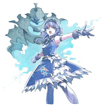 Rule 34 | 1girl, 1other, blue dress, blue fire, bow, character request, copyright request, curly hair, dress, fire, frilled dress, frills, gloves, michibata 65, open mouth, outstretched arm, purple hair, purple thighhighs, standing, thighhighs, tiara, white background, white bow, white gloves