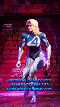 1girl animated ass audible_speech blonde_hair blue_bodysuit blue_eyes bodysuit bouncing_breasts breasts cammy_white capcom cosplay english_audio fantastic_four highres huge_ass kicking marvel marvel_rivals medium_breasts mod multicolored_bodysuit solo sound street_fighter street_fighter_6 stretching sue_storm sue_storm_(cosplay) superhero_costume tagme two-tone_bodysuit video white_bodysuit