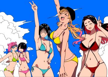 5girls arm_up baseball_cap bikini black-framed_eyewear black_hair black_hat blonde_hair blue_background blue_bikini blue_hair blue_sky breasts cleavage closed_eyes closed_mouth colored_inner_hair cowboy_shot glasses gradient_hair green_bikini hand_on_own_hip hand_up hashtag-only_commentary hat highres hongou_miyuki kitahara_aoba kusunoki_aroma large_breasts long_hair medium_breasts medium_hair multicolored_hair multiple_girls navel open_mouth pink_bikini pink_hair purple_hair red_bikini red_hair sawaranaide_kotesashi-kun sayamagaoka_chiyo shinjou_takuya short_hair side-tie_bikini_bottom sky smile stomach sumiyoshi_izumi swimsuit teeth textless_version twintails upper_teeth_only v yellow_bikini