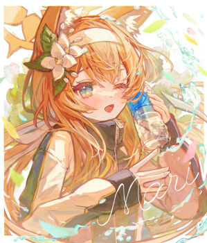 1girl ;d alternate_costume animal_ear_fluff animal_ears black_jacket blue_archive blue_eyes blush bottle cat_ears character_name dot_nose flower hair_flower hair_ornament hairband highres holding holding_bottle jacket kanahi_2 liquid long_hair mari_(blue_archive) mari_(track)_(blue_archive) official_alternate_costume one_eye_closed open_mouth orange_hair ponytail smile solo tongue track_jacket white_flower white_hairband zipper