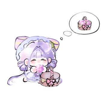 Rule 34 | 1girl, ^ ^, absurdly long hair, apron, barefoot, basket, blunt bangs, bow, bow apron, chibi, chinese commentary, closed eyes, commentary request, country lolita, covered mouth, diamond (gemstone), double bun, dress, fengmi youzi hua, flower, frilled dress, frilled headwear, frills, gem, hair bun, hair intakes, hair spread out, happy, hat, hat bow, hat flower, hat ornament, highres, holding, holding gem, infinity nikki, kneeling, lace-trimmed apron, lace trim, leaf hat ornament, light blush, lolita fashion, long dress, long hair, low twintails, mob cap, nikki (series), pink gem, pleated dress, purple bow, purple dress, purple hair, purple hat, simple background, single stripe, solo, speech bubble, spoken object, striped bow, thought bubble, twintails, very long hair, waist apron, whispers of bliss (infinity nikki), white apron, white background, white flower