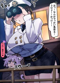 1futa 1girl animal_ears black_hair breast_sucking breasts brown_hair cat_ears cat_girl cat_tail censored clothed_sex clothes futanari highres hololive huge_breasts japanese_text kemonomimi_mode laika_(twilaika) long_hair looking_at_viewer medium_hair nekomata_okayu oozora_subaru purple_hair sitting speech_bubble tail testicles vaginal virtual_youtuber