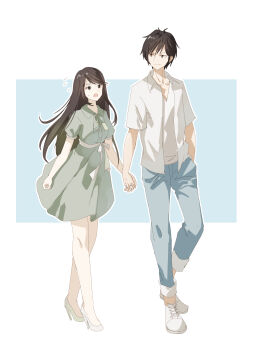 Rule 34 | 1boy, 1girl, absurdres, black hair, blue pants, brown eyes, brown hair, commentary request, dress, durarara!!, flying sweatdrops, full body, green dress, hand in pocket, hetero, high heels, highres, holding hands, implied hetero, long hair, looking at another, open clothes, open mouth, orihara izaya, orihara rio, pants, shirt, shoes, short hair, short sleeves, smile, white background, white shirt, yagiri namie