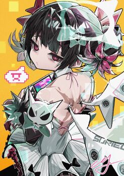 1girl :/ back backless_dress backless_outfit bare_shoulders black_bow black_hair bow closed_mouth colored_inner_hair dress from_behind fur-trimmed_sleeves fur_trim game_over green_bow green_halo hair_intakes halo handheld_game_console hashtag-only_commentary highres holding holding_handheld_game_console looking_at_viewer looking_back marttkim00 multicolored_hair orange_background red_eyes rokudu_sariel scar scar_on_back screw short_twintails shoulder_blades signature solo sparkle spoken_expression tears twintails upper_body white_dress white_wings wings zenless_zone_zero