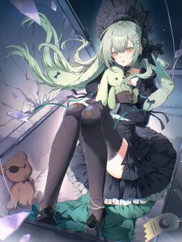 1girl animal_ears arknights bang_dream! bang_dream!_it&#039;s_mygo!!!!! black_bonnet black_dress black_gloves black_thighhighs bonnet broken_glass commentary doll_joints dress floating_hair glass gloves green_hair hair_between_eyes highres joints long_hair open_mouth rabbit_ears rabbit_girl solo stuffed_animal stuffed_rabbit stuffed_toy thighhighs uchihasakino wakaba_mutsumi wakaba_mutsumi_(marionette&#039;s_id) yellow_eyes