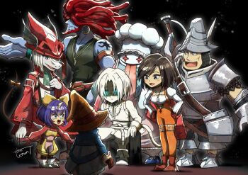 Rule 34 | 1other, 3girls, 4boys, adelbert steiner, aqua eyes, arm belt, arm tattoo, armor, armored boots, artist name, black choker, black mage (final fantasy), blue coat, blue skin, bodysuit, boots, bow, breastplate, breasts, brown footwear, brown hair, burmecian, chef hat, choker, coat, colored skin, cropped vest, crystal, dreadlocks, earrings, eiko carol, facial hair, final fantasy, final fantasy ix, freya crescent, garnet til alexandros xvii, gloves, glowing, glowing eyes, green vest, grey hair, grey skirt, hair bow, hands on own hips, hat, hat feather, helm, helmet, highres, hoop earrings, horns, jacket, jewelry, juliet sleeves, knight, long sleeves, medium breasts, monkey tail, multiple boys, multiple girls, necklace, open mouth, orange bodysuit, overalls, parted lips, pendant, plate armor, puffy sleeves, purple hair, quina quen, red gloves, red hair, red hat, red jacket, red sweater, amarant coral, shaded face, shirt, short hair, shoulder armor, single horn, sitting, skirt, smile, standing, sweater, tail, tail bow, tail ornament, tattoo, thigh strap, tongue, tongue out, tooth necklace, vest, vivi ornitier, watawata22, white shirt, wizard hat, wrist cuffs, yellow bow, yellow overalls, zidane tribal