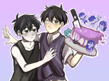 2girls 5boys antenna_hair aubrey_(headspace)_(omori) aubrey_(omori) basil_(headspace)_(omori) basil_(omori) black_eyes black_hair black_sweater_vest black_tank_top bright_pupils cake collarbone collared_shirt colored_skin commentary double-parted_bangs dual_persona english_commentary flower food gradient_background green_eyes green_hair hair_between_eyes hair_flower hair_ornament hand_on_another's_chest hero_(headspace)_(omori) hero_(omori) highres holding holding_plate kel_(headspace)_(omori) kel_(omori) knife long_hair looking_at_another looking_at_viewer mari_(headspace)_(omori) mari_(omori) mewo mikhamii mini_person miniboy minigirl multiple_boys multiple_girls omori omori_(omori) parted_lips pink_background plate purple_background purple_eyes purple_hair shirt short_hair short_sleeves spoilers sunny_(omori) sweater_vest tank_top two-tone_background white_eyes white_pupils white_shirt white_skin