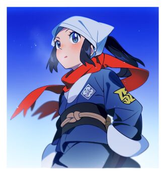 1girl akari_(pokemon) black_hair black_sash blue_jacket blue_skirt blue_sky blurry blush border breath commentary_request day depth_of_field eyelashes floating_scarf grey_eyes headscarf highres jacket korean_commentary logo long_hair nintendo open_mouth outdoors pokemon pokemon_legends:_arceus red_scarf sash scarf selyg15 sidelocks skirt sky solo white_border