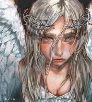 1girl armor blank_stare breasts cleavage close-up crown crown_of_thorns feathered_wings hair_between_eyes highres kyta_5 long_hair looking_at_viewer nephis_(shadow_slave) parted_lips serious shadow_slave solo white_eyes white_hair white_wings wings
