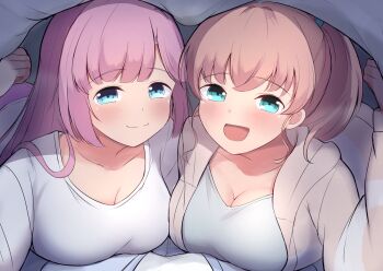 Rule 34 | 3girls, :d, anyoji hime, anyoji hime (summer loungewear), blue cardigan, blue shirt, blush, breasts, brown jacket, cardigan, cleavage, closed mouth, collarbone, commentary, crossed bangs, female pov, hair down, hair intakes, hair ornament, highres, hinoshita kaho, hinoshita kaho (summer loungewear), hood, hood down, hooded jacket, jacket, kaudon, large breasts, link! like! love live!, long hair, long sleeves, looking at viewer, love live!, lying, lying on person, momose ginko, momose ginko (summer loungewear), multiple girls, on back, on stomach, open cardigan, open clothes, open jacket, open mouth, orange hair, pink hair, ponytail, pov, shirt, sidelocks, smile, split mouth, t-shirt, under covers, virtual youtuber, white shirt, yuri