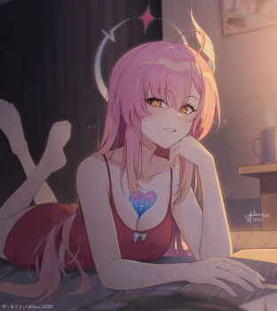 1girl aemeath_(wuthering_waves) alternate_costume auui barefoot book breasts camisole cleavage collarbone commentary_request dated feet hair_down highres indoors long_hair looking_at_viewer lying medium_breasts on_stomach open_book orange_eyes parted_lips pink_hair red_camisole red_shorts shorts signature smile soles solo star-shaped_pupils star_(symbol) symbol-shaped_pupils tacet_mark_(wuthering_waves) the_pose toes wuthering_waves