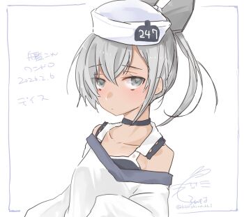 Rule 34 | 1girl, black one-piece swimsuit, character name, commentary request, dace (kancolle), dark-skinned female, dark skin, dated, dixie cup hat, gradient background, grey hair, hat, headgear, highres, kantai collection, kurohina (kurohina 66 s), looking at viewer, military hat, one-hour drawing challenge, one-piece swimsuit, shirt, side ponytail, solo, swimsuit, swimsuit under clothes, two-tone one-piece swimsuit, upper body, white background, white hat, white shirt