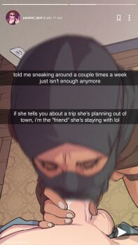 1boy 1girl artist_name black_mask brown_eyes cheating_(relationship) closed_eyes dark-skinned_female dark_skin english_text fake_phone_screenshot fake_screenshot fellatio fellatio_under_mask from_above hetero highres hijab interracial looking_at_viewer mask motion_blur mouth_mask islam netorare niqab not_enough_milk oral original penis penis_grab pov testicles user_interface