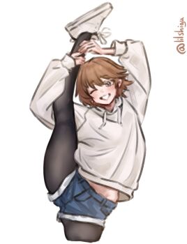 1girl absurdres adapted_costume brown_eyes brown_hair commentary_request cutoffs denim denim_shorts drawstring flipped_hair grin hiei_(kancolle) hiei_(lawson)_(kancolle) highres hood hooded_sweater kantai_collection lilshigu one-hour_drawing_challenge one_eye_closed pantyhose pantyhose_under_shorts shoes short_hair shorts simple_background smile solo split standing standing_on_one_leg standing_split sweater twitter_username white_background white_shoes white_sweater