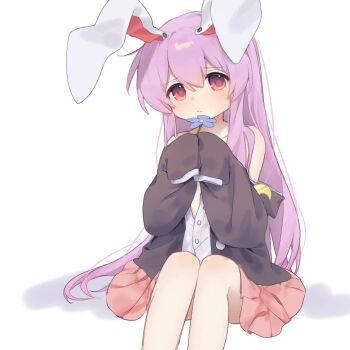 1girl animal_ears blue_flower blush closed_mouth commentary english_commentary flower highres holding holding_flower long_hair looking_at_viewer partially_unbuttoned pink_eyes pink_skirt pleated_skirt purple_hair rabbit_ears rabbit_girl red_eyes reisen_udongein_inaba shirt sitting skirt sleeves_past_wrists solo touhou very_long_hair white_shirt yuanyuanshao