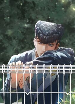 1boy absurdres against_railing black_hair blue_eyes diamond_wa_kudakenai higashikata_josuke highres jojo_no_kimyou_na_bouken long_sleeves male_focus outdoors pompadour railing ringovalent short_hair solo