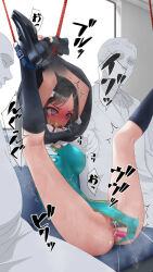 1girl 2boys anal anal_object_insertion anus aqua_one-piece_swimsuit bdsm black_eyes black_hair black_shoes black_socks bondage bound breasts censored commentary_request gag highres improvised_gag kneehighs large_breasts legs_up mosaic_censoring multiple_boys murakami_suigun nipple_rub nipple_rub_through_clothes nipple_stimulation object_insertion one-piece_swimsuit original paid_reward_available pussy pussy_juice restrained shoes short_hair sitting skirt_tied_over_head socks stuck swimsuit tape tape_gag through_clothes train_interior vaginal vaginal_object_insertion variant_set x-ray