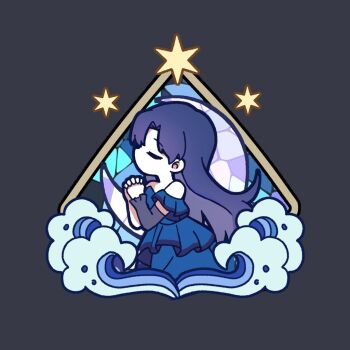 1girl blue_dress blue_hair chiwawa174 closed_eyes dress frilled_dress frills from_side grey_background hexagram idolmaster idolmaster_(classic) kisaragi_chihaya long_hair own_hands_together simple_background solo stained_glass