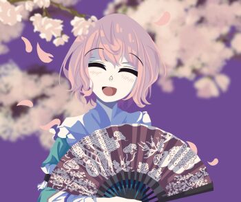 Rule 34 | 1girl, :d, arm garter, blue kimono, blurry, blurry background, blush, branch, cherry blossoms, closed eyes, commentary, english commentary, goshoguruma, hand fan, holding, holding fan, japanese clothes, kimono, no headwear, no lineart, open mouth, petals, pink hair, purple background, saigyouji yuyuko, saigyouji yuyuko's fan design, shippou (pattern), short hair, smile, solo, svenojilasity, touhou, upper body