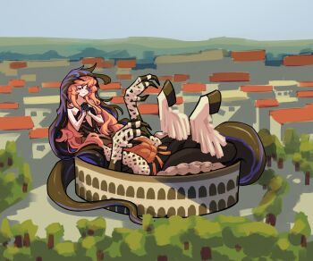 1girl alternate_size bare_shoulders black_dress black_hands black_veil blue_sky blue_veil centauroid chimera city claws closed_eyes closed_mouth colored_extremities colosseum commentary day dress english_commentary full_body giant giantess haihaiera hair_between_eyes highres hooves long_hair lying monster_girl nautika_(reverse:1999) on_back outdoors own_hands_together pink_hair plunging_neckline reverse:1999 sidelocks sky snake_tail solo stadium strapless strapless_dress tail taur tree two-tone_veil veil very_long_hair